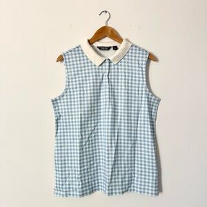 Lands’ End Gingham Sleeveless Collared Top Blue & White Size L